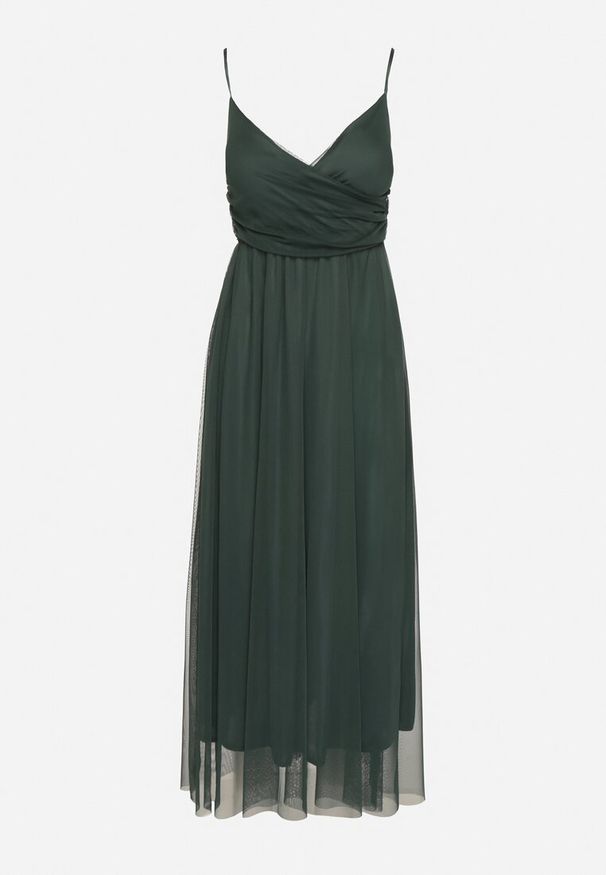 Born2be - Ciemnozielona Sukienka Koktajlowa z Tiulową Siateczką Devinae. Okazja: na imprezę, na co dzień. Typ kołnierza: dekolt w kształcie V. Kolor: zielony. Materiał: tiul. Długość rękawa: na ramiączkach. Sezon: lato. Styl: wizytowy