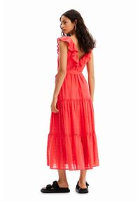 Desigual sukienka kolor czerwony midi rozkloszowana. Kolor: czerwony. Materiał: bawełna. Długość rękawa: krótki rękaw. Typ sukienki: rozkloszowane. Długość: midi #4