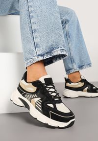 Renee - Czarno-Beżowe Sneakersy w Streetwearowym Stylu na Grubej Podeszwie Felethra. Okazja: na spotkanie biznesowe, do pracy. Nosek buta: okrągły. Kolor: czarny. Materiał: jeans