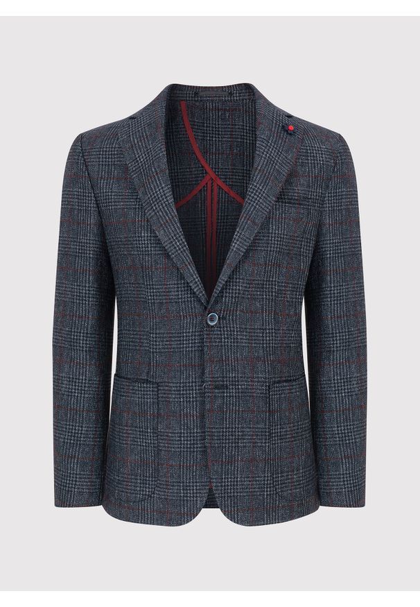 Pako Lorente - PAKO LORENTE – Granatowa marynarka casualowa w bordową kratę. Okazja: na co dzień. Kolor: niebieski, czerwony, wielokolorowy. Materiał: jeans, wełna. Styl: casual