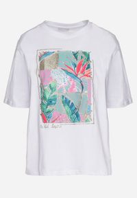 Born2be - Biały Bawełniany T-shirt z Ozdobnym Nadrukiem Delmari. Okazja: na co dzień, na spacer. Kolor: biały. Materiał: bawełna. Wzór: nadruk. Styl: klasyczny, casual