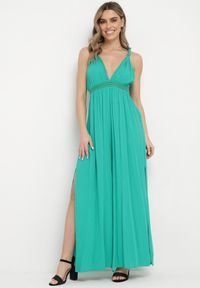 Born2be - Zielony Wiskozowy Kombinezon z Gumką w Pasie i Plecionym Sznurkiem z Lnem Evalin. Kolor: zielony. Materiał: wiskoza, len. Długość rękawa: na ramiączkach. Wzór: aplikacja #5