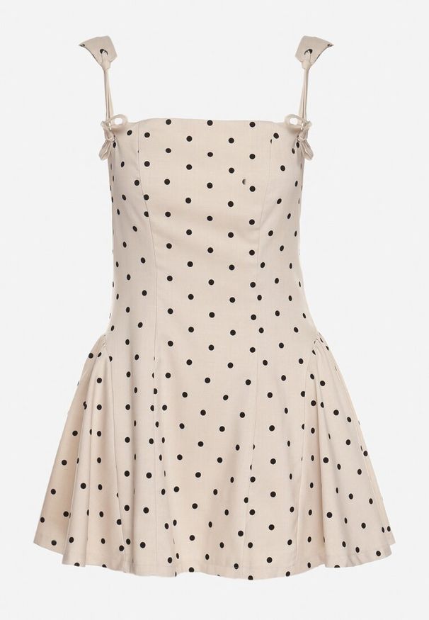 Born2be - Beżowa Sukienka Vices w Grochy o Rozkloszowanym Kroju z Wiązaniem na Ramiączkach Saririse. Okazja: na ślub cywilny, na wesele. Typ kołnierza: dekolt kwadratowy, dekolt gorset. Kolor: beżowy. Długość rękawa: na ramiączkach. Wzór: grochy. Typ sukienki: gorsetowe