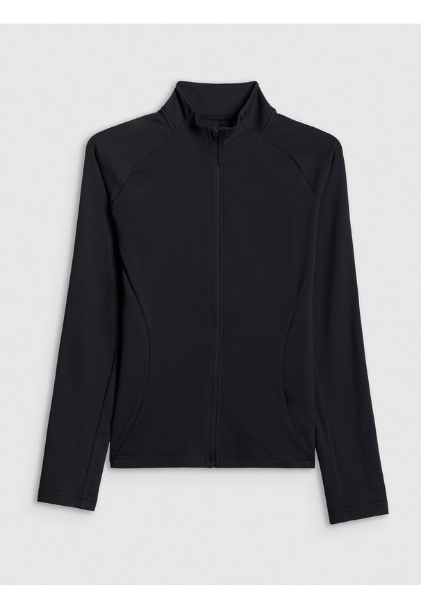 4f - 4F Bluza treningowa slim bez kaptura damska - czarna XS. Typ kołnierza: bez kaptura. Kolor: czarny. Długość rękawa: raglanowy rękaw. Długość: długie. Styl: sportowy