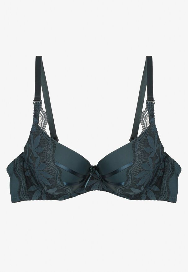 Renee - Ciemnozielony Biustonosz Full Cup Ozdobiony Koronką Moassis. Kolor: zielony. Materiał: koronka. Wzór: aplikacja, koronka