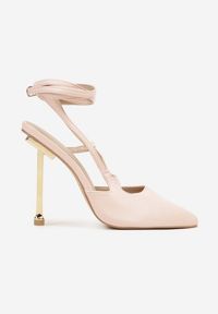 Renee - Różowe Sandały na Szpilce Typu Slingback z Ozdobnymi Paskami Melvenea. Okazja: na co dzień. Zapięcie: pasek. Kolor: różowy. Materiał: jeans. Wzór: paski. Obcas: na szpilce. Styl: elegancki, casual. Wysokość obcasa: średni #3