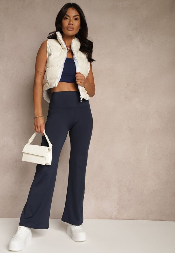 Renee - Granatowe Legginsy High Waist z Szeroką Gumką w Pasie Idalania. Okazja: na co dzień. Stan: podwyższony. Kolor: niebieski. Styl: casual, elegancki