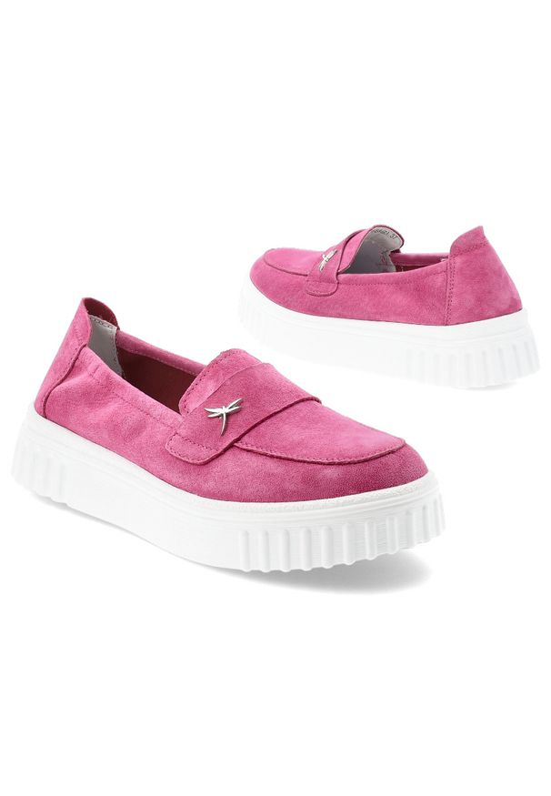 Półbuty damskie Vinceza, cholewka ze skóry naturalnej zamszowej wsuwany fason z ozdobnym elementem zabudowany przód na grubszej podeszwie, różowe, 93. Kolor: różowy. Materiał: skóra, zamsz. Szerokość cholewki: normalna