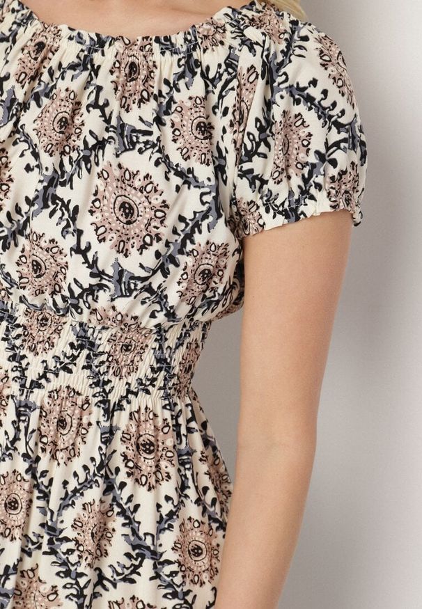 Born2be - Beżowo-Niebieska Sukienka z Bawełną i Bufiastymi Rękawami Revilee. Okazja: na co dzień, na spacer. Kolor: beżowy. Materiał: bawełna. Wzór: aplikacja. Styl: casual, elegancki