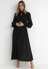 Born2be - Czarna Sukienka Laodyle. Typ kołnierza: kołnierzyk stójkowy. Kolor: czarny. Materiał: poliester, koronka, tkanina. Długość rękawa: długi rękaw. Wzór: ażurowy. Styl: elegancki, retro. Długość: maxi #5