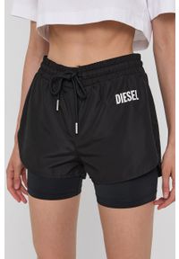 Diesel Szorty damskie kolor czarny z nadrukiem high waist. Stan: podwyższony. Kolor: czarny. Materiał: materiał. Wzór: nadruk