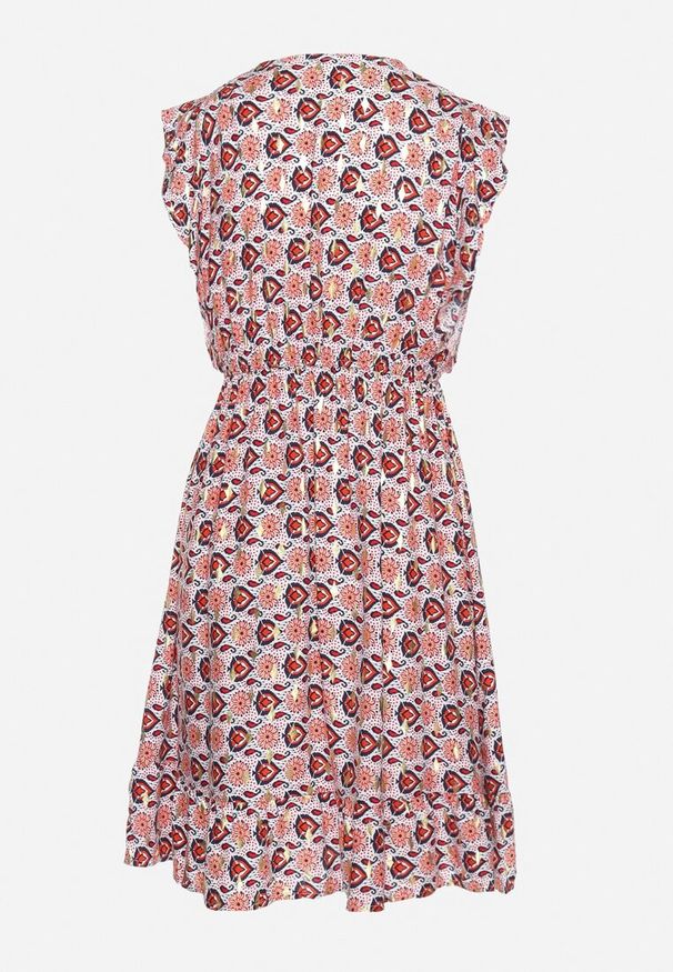 Born2be - Beżowo-Czerwona Sukienka Mini z Wiskozy w Mozaikowy Wzór z Gumką w Pasie Lariaa. Okazja: na co dzień. Typ kołnierza: dekolt w serek, kołnierz z falbankami. Kolor: beżowy. Materiał: wiskoza. Długość rękawa: na ramiączkach. Typ sukienki: rozkloszowane. Styl: casual, elegancki. Długość: mini