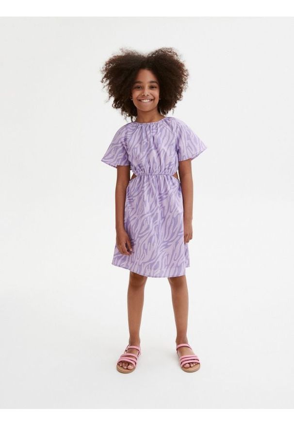 Reserved - Wzorzysta sukienka z lnem - lawendowy. Kolor: fioletowy. Materiał: len