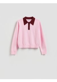 Reserved - Sweter polo z wiskozą - różowy. Typ kołnierza: polo. Kolor: różowy. Materiał: wiskoza