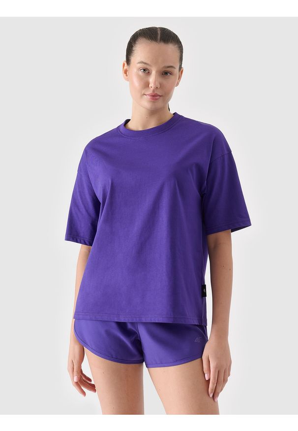 4f - 4F T-shirt oversize gładki damski - fioletowy XL. Okazja: na co dzień. Kolor: fioletowy. Materiał: bawełna, jersey, dzianina. Długość rękawa: krótki rękaw. Długość: krótkie. Wzór: gładki. Styl: sportowy, klasyczny, casual