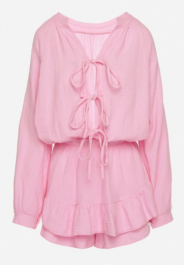 Born2be - Różowy Wiązany Bawełniany Kombinezon Boho z Falbankami i Wiązaniem Lalelia. Okazja: na co dzień, na imprezę. Kolor: różowy. Materiał: bawełna. Sezon: lato. Styl: boho
