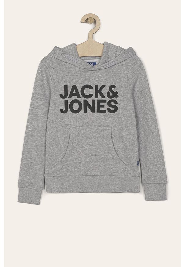 Jack & Jones - Bluza dziecięca. Okazja: na co dzień. Typ kołnierza: kaptur. Kolor: szary. Materiał: bawełna, poliester, wiskoza, dzianina. Wzór: nadruk. Styl: casual