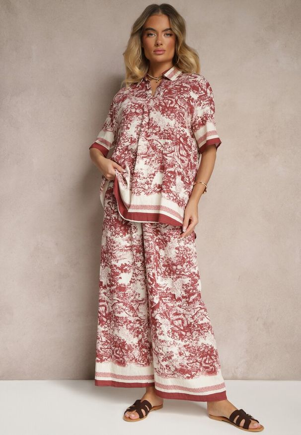 Renee - Bordowy Komplet z Wiskozy Koszula i Spodnie z Motywem Roślinnym Ridiene. Kolor: czerwony. Materiał: wiskoza