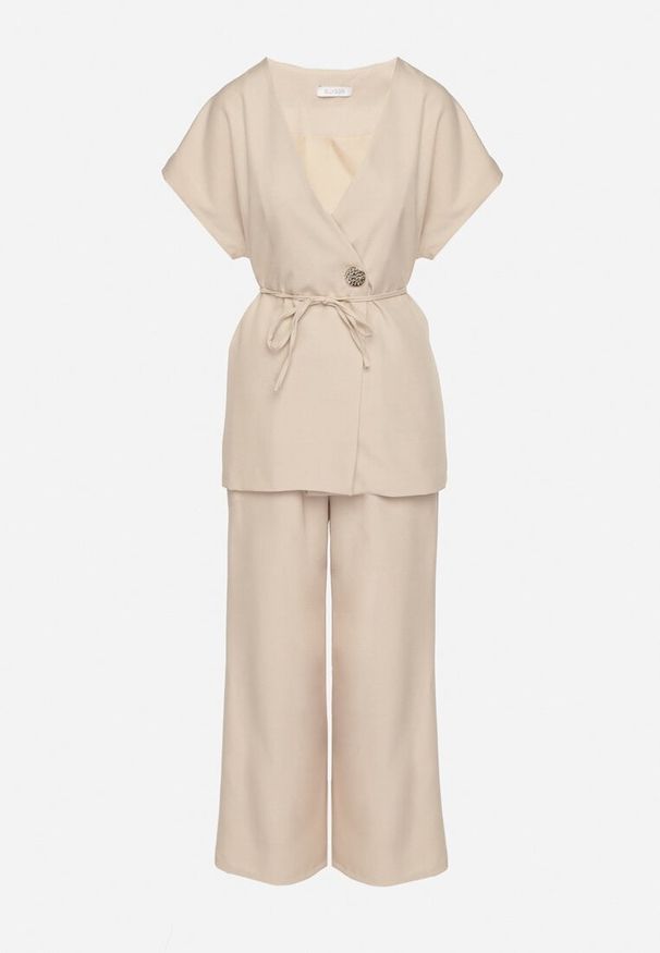 Born2be - Beżowy Garniturowy Komplet Marynarka z Paskiem i Szerokie Spodnie Milsedi. Kolor: beżowy