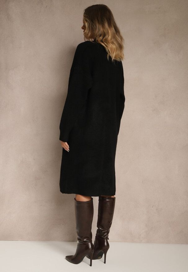 Renee - Czarny Dzianinowy Komplet z Wełną Prążkowana Sukienka i Długi Kardigan Falonessa. Kolor: czarny. Materiał: prążkowany, dzianina, wełna