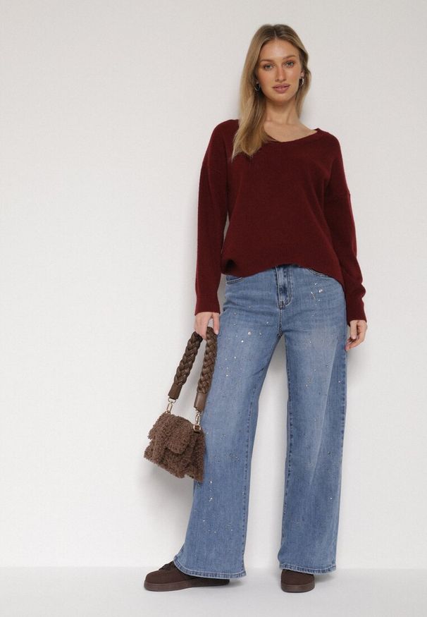 Born2be - Niebieskie Szerokie Jeansy z Wysokim Stanem i Błyszczącymi Aplikacjami Glysera. Stan: podwyższony. Kolor: niebieski. Wzór: aplikacja. Styl: elegancki, klasyczny