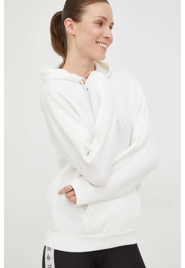 Guess bluza damska kolor biały z kapturem z aplikacją. Typ kołnierza: kaptur. Kolor: biały. Materiał: materiał, dzianina, wiskoza. Wzór: aplikacja