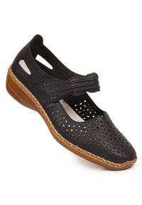 Skórzane półbuty damskie na rzep ażurowe granatowe Rieker 41399-14. Zapięcie: rzepy. Kolor: niebieski. Materiał: skóra. Wzór: ażurowy #1