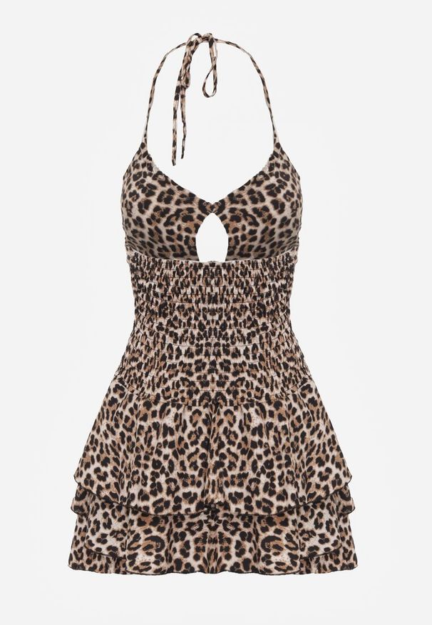 Renee - Beżowa Panterkowa Sukienka z Wiązaniem na Szyi i Falbankami Gilanne. Okazja: na co dzień. Typ kołnierza: kołnierz z falbankami. Kolor: beżowy. Materiał: jeans. Długość rękawa: bez rękawów. Sezon: lato. Styl: casual