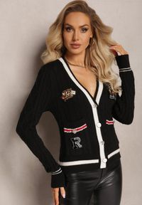 Renee - Czarny Wiskozowy Sweter Kardigan z Biżuteryjnymi Guzikami i Ozdobnymi Naszywkami Puanissa. Kolor: czarny. Materiał: wiskoza. Wzór: aplikacja #4