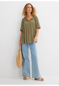 bonprix - Długa tunika z kreszowanego materiału, rękaw 1/2. Kolor: zielony. Materiał: materiał. Długość rękawa: krótki rękaw. Długość: długie, krótkie #3