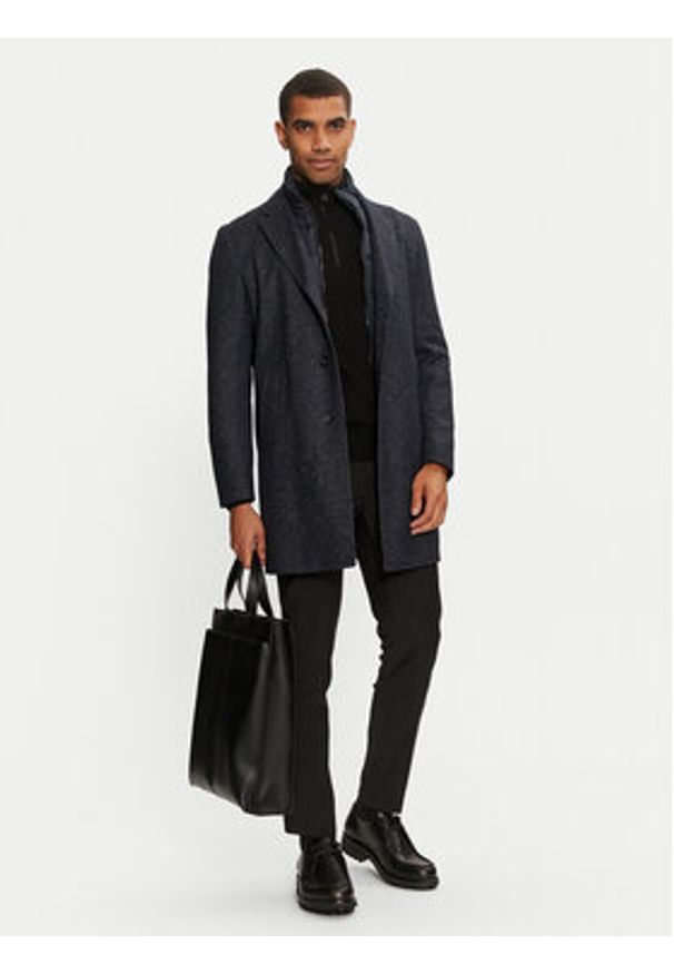 BOSS - Boss Płaszcz wełniany H-hyde 50528177 Granatowy Slim Fit. Kolor: niebieski. Materiał: wełna