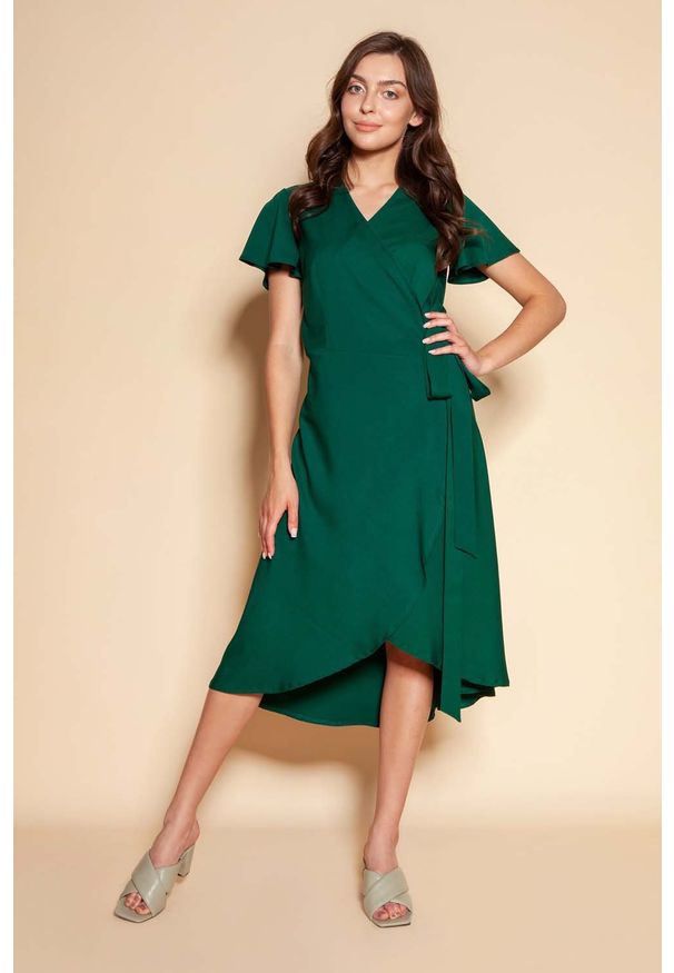Lanti - Kopertowa Sukienka z Asymetrycznym Dołem - Zielona. Kolor: zielony. Materiał: poliester. Wzór: kwiaty. Typ sukienki: kopertowe, asymetryczne