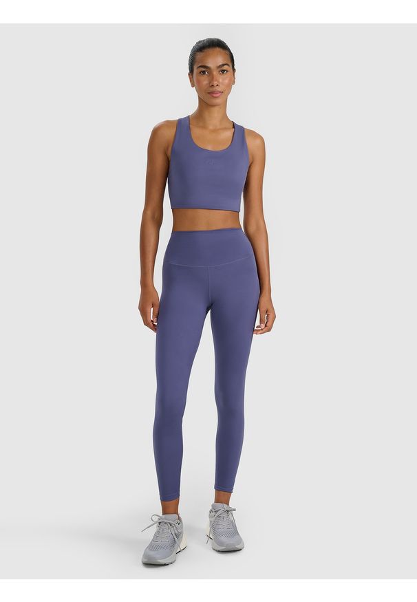 4f - 4F Legginsy treningowe szybkoschnące damskie - granatowe XL. Stan: podwyższony. Kolor: niebieski. Materiał: włókno, elastan, dzianina, materiał, syntetyk. Wzór: gładki, ze splotem. Sport: fitness