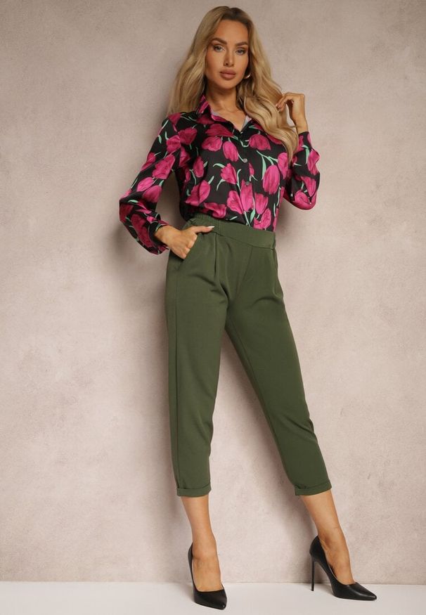 Renee - Zielone Spodnie o Długości 3/4 z Kieszeniami i Gumką w Talii Saivon. Okazja: na co dzień. Stan: podwyższony. Kolor: zielony. Materiał: koronka. Styl: casual, elegancki