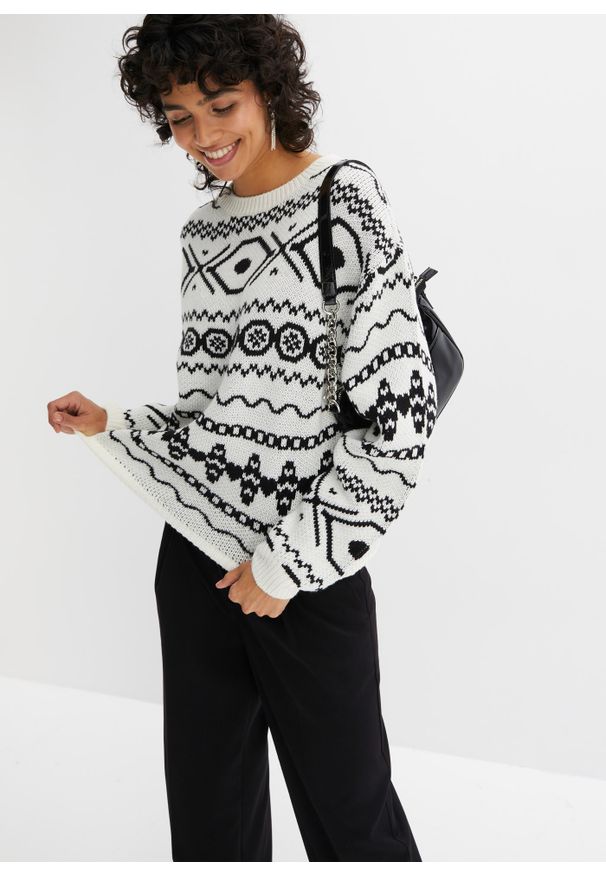 bonprix - Sweter z płytkim dekoltem, w norweski wzór. Kolor: biały