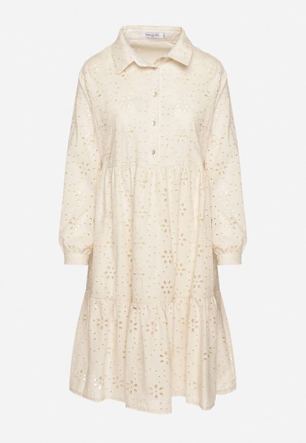 Born2be - Beżowa Bawełniana Sukienka Ozdobiona Haftem Folira. Okazja: na co dzień. Kolor: beżowy. Materiał: bawełna. Wzór: aplikacja, haft. Styl: casual, elegancki, klasyczny