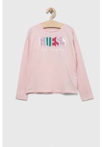 Guess longsleeve dziecięcy kolor różowy. Kolor: różowy. Materiał: bawełna, dzianina. Długość rękawa: długi rękaw. Wzór: nadruk. Styl: klasyczny