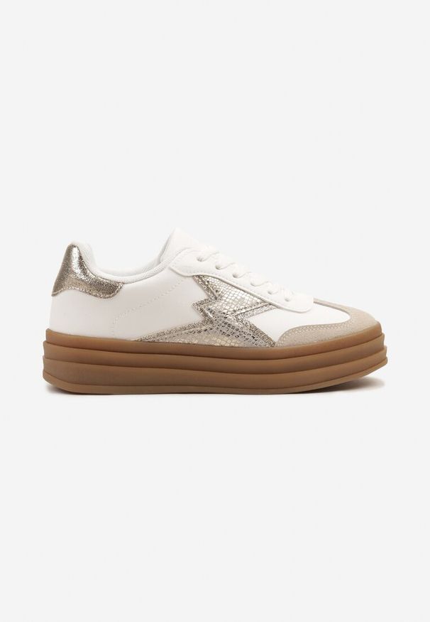 Born2be - Złoto-Białe Sneakersy na Kauczukowej Podeszwie z Geometrycznym Wzorem Tolionne. Okazja: na co dzień. Kolor: złoty. Materiał: kauczuk. Wzór: geometria