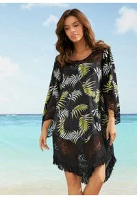 Sukienka plażowa bonprix czarno-jasnoróżowo-jasnoniebieski z nadrukiem. Okazja: na plażę. Kolor: czarny. Materiał: koronka. Wzór: nadruk #4