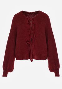 Born2be - Bordowy Kardigan Oversize z Wełną Zdobiony Kokardkami Eleathalie. Okazja: na co dzień. Typ kołnierza: kokarda. Kolor: czerwony. Materiał: wełna. Wzór: aplikacja. Styl: casual, elegancki #5