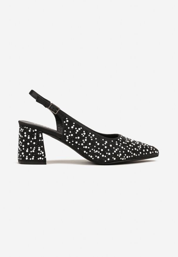 Renee - Czarne Sandały na Słupku Slingback Ozdobione Cyrkoniami Melanetta. Okazja: na spotkanie biznesowe, do pracy, na co dzień, na imprezę. Zapięcie: sprzączka. Kolor: czarny. Wzór: aplikacja. Obcas: na słupku. Styl: biznesowy, klasyczny, casual. Wysokość obcasa: średni