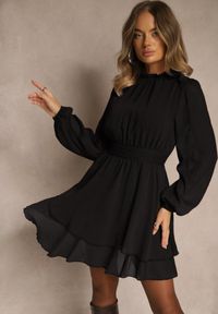 Renee - Czarna Sukienka z Siateczki o Rozkloszowanym Kroju z Bufiastymi Rękawami Aziva. Okazja: na co dzień. Kolor: czarny. Materiał: skóra. Typ sukienki: rozkloszowane, proste. Styl: casual #4