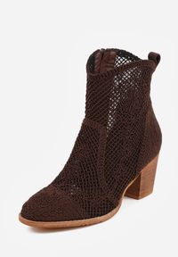 Born2be - Brązowe Botki Kowbojki VICES na Stożku z Ażurową Cholewką Azivessa. Okazja: na co dzień. Kolor: brązowy. Materiał: jeans. Szerokość cholewki: normalna. Wzór: ażurowy. Sezon: wiosna. Obcas: na stożku. Styl: casual, klasyczny, boho #2