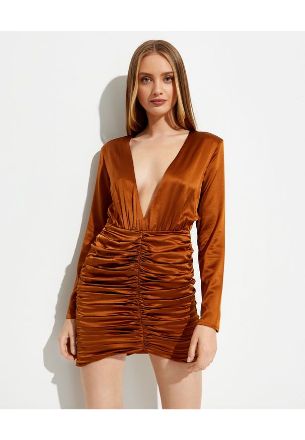 RETROFETE - Sukienka z jedwabiu Brea. Okazja: na imprezę. Kolor: brązowy. Materiał: jedwab. Długość rękawa: długi rękaw