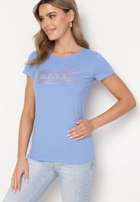 Born2be - Niebieski T-shirt z Bawełny Ozdobiony na Froncie Nadrukiem Pandoma. Kolor: niebieski. Materiał: bawełna. Wzór: nadruk, aplikacja. Sezon: lato