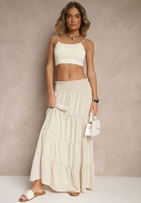 Renee - Jasnobeżowa Rozkloszowana Spódnica z Gumką w Talii Zdobiona Falbanami Dovinelle. Okazja: na co dzień. Kolor: beżowy. Wzór: aplikacja. Styl: casual, elegancki #4