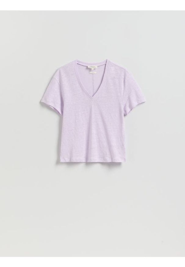 Reserved - Lniany t-shirt - lawendowy. Kolor: fioletowy. Materiał: len. Styl: klasyczny