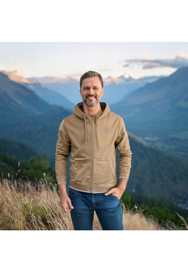 Rozpinana Bluza Męska z Kapturem - Pako Jeans - Beżowa. Typ kołnierza: kaptur. Kolor: beżowy, wielokolorowy, brązowy. Materiał: bawełna, poliester. Styl: klasyczny