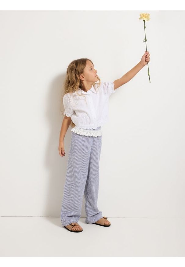 Reserved - Spodnie w paski - niebieski. Kolor: niebieski. Materiał: bawełna, tkanina. Wzór: paski