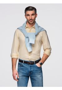 Ombre Clothing - Pastelowa bawełniana męska koszula typu oxford – jasnożółta V3 - Rozmiar: M. Kolor: żółty. Materiał: bawełna. Wzór: aplikacja, ze splotem. Styl: klasyczny, elegancki